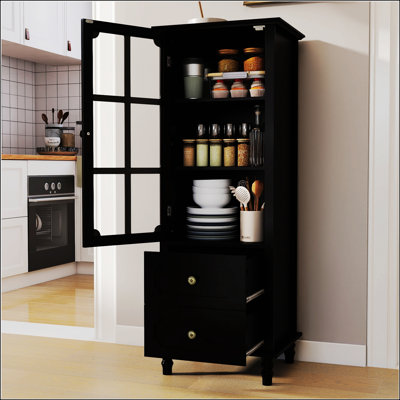 Grande armoire de rangement noire avec porte en verre, 2 tiroirs et tablettes réglables pour une organisation polyvalente et un décor élégant.