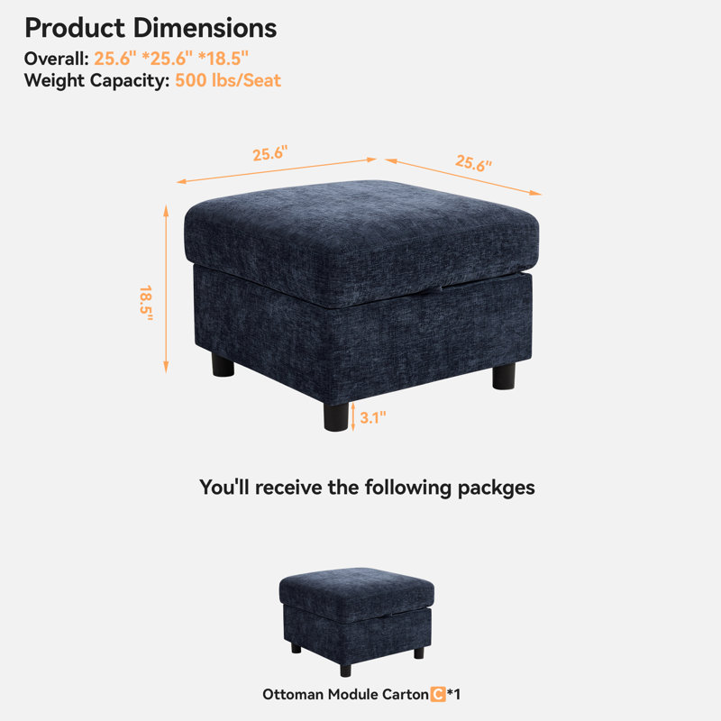 25.6” Wide Square Storage Ottoman Module For Modular Sectional Sofa, Chenille, Navy Chenille
