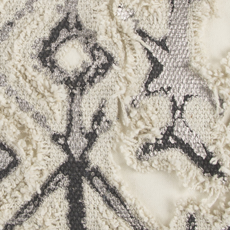 Ivory and Silver Geometric Cotton Throw Pillow with Frayed Edges