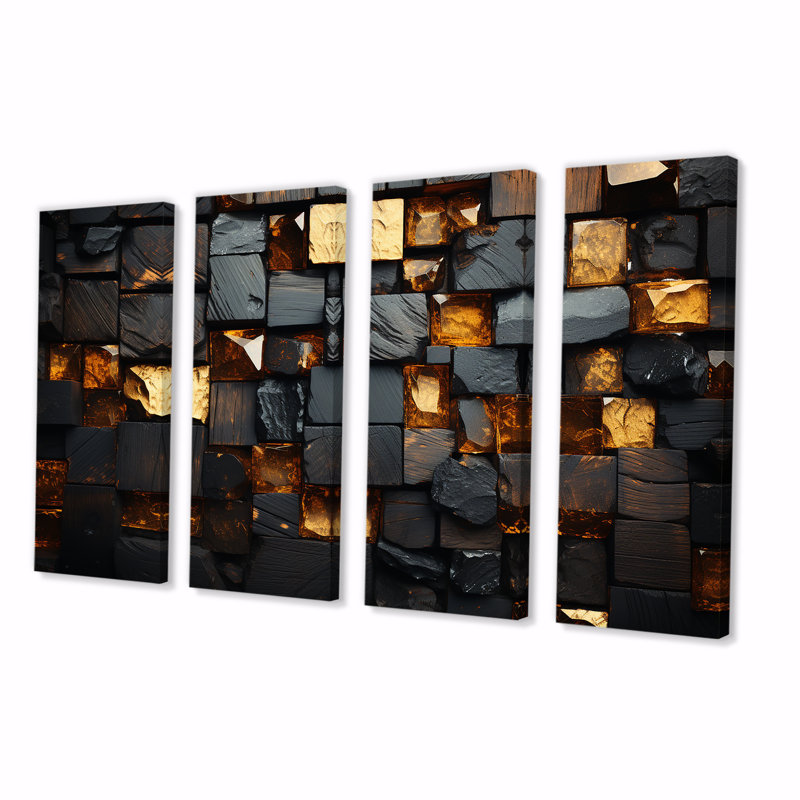 Grunge cubes dorés abstrait géométrique III - abstrait géométrique, 4 pièces, H 32 po x l 64 po
