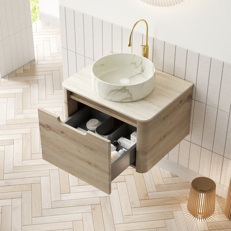 Meuble-lavabo de salle de bain 24 po avec lavabo, rangement flottant en contreplaqué, lavabo en céramique blanche à motif de pierre, plateau fritté à motif, pré-assemblé, chêne, armoire de rangement facile à assembler, lavabo à motif romain