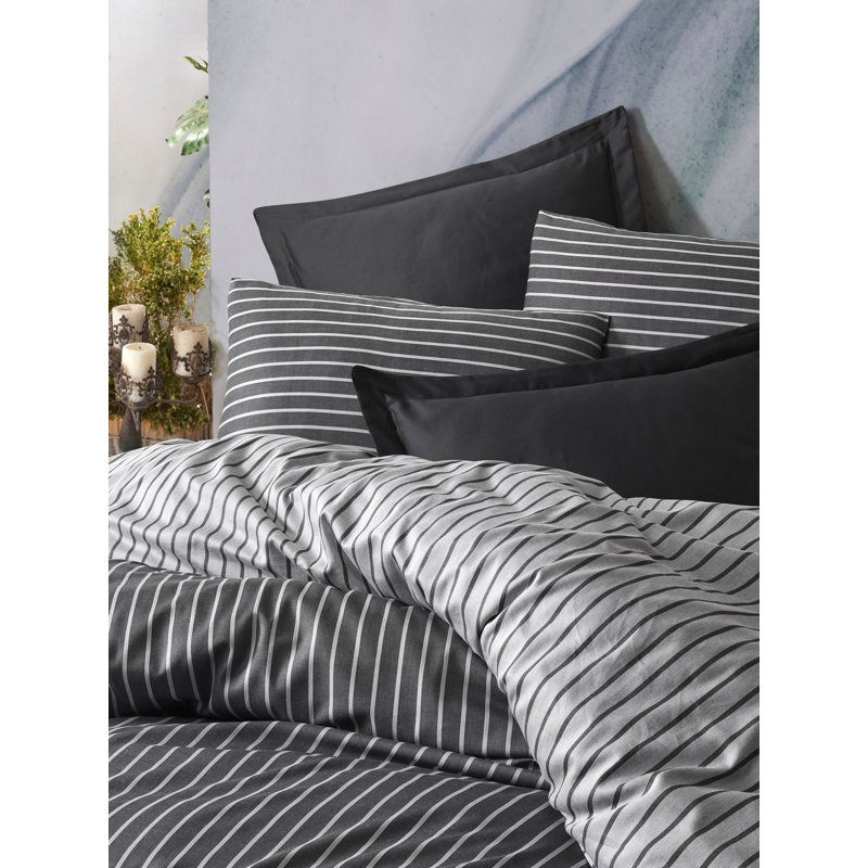 Ensemble de housse de courtepointe en bambou, 100% satin de coton et mélange de bambou, housse de couette 79 x 87, drap plat 94 x 102, taies d'oreiller 20 x 28 (4 pièces) | Imprimé réactif, lavable à la machine, élégant design gris anthracite