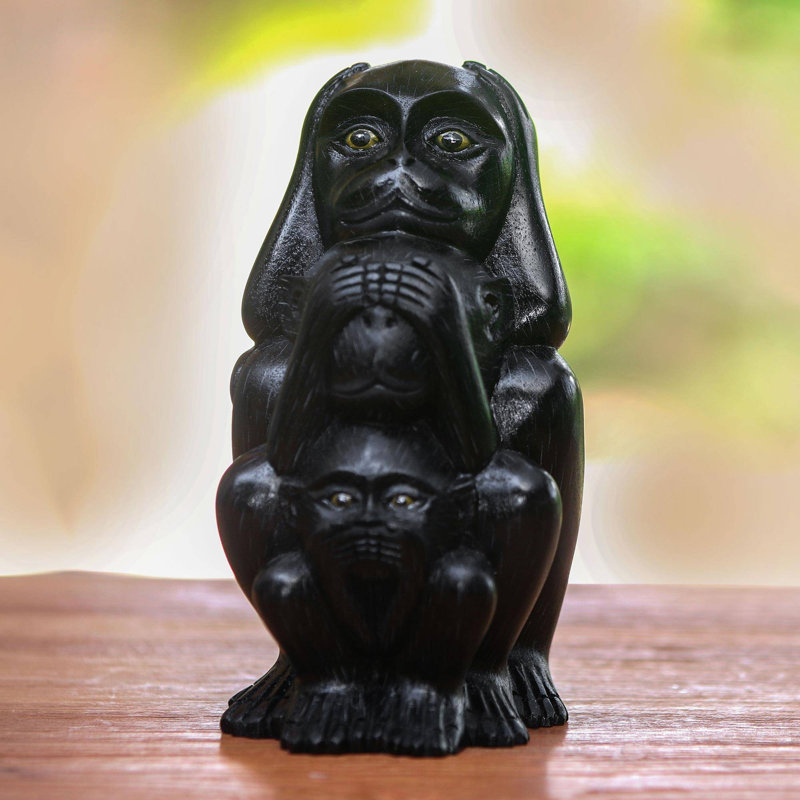 Three Monkey Sages In Black Wood Statuette
