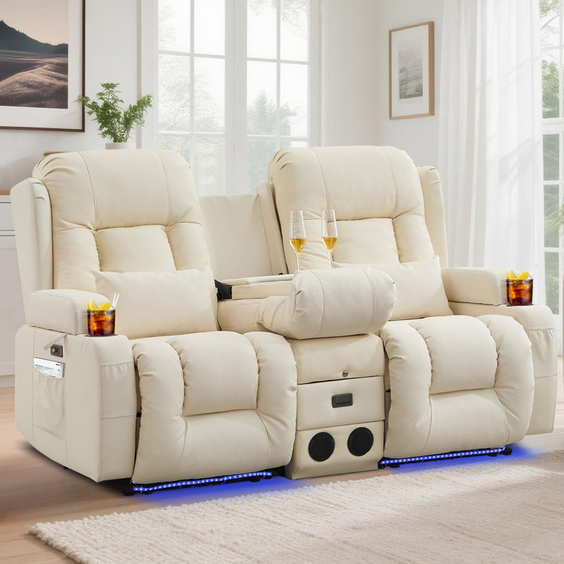 Power Reclining Sofa With Heat And Massage, Bluetooth Speakers And LED Lights, 3 Seater Dual Recliner Sofa With USB Ports And Cup Holders