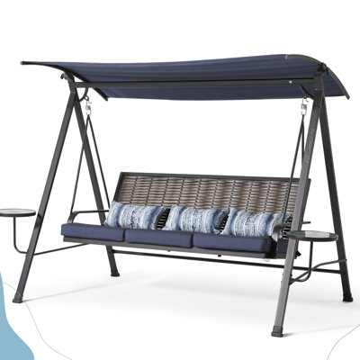 Steel Outdoor Swing With Canopy And Fade- Back Cushions Blue Backyard Porch Comfortable Arm