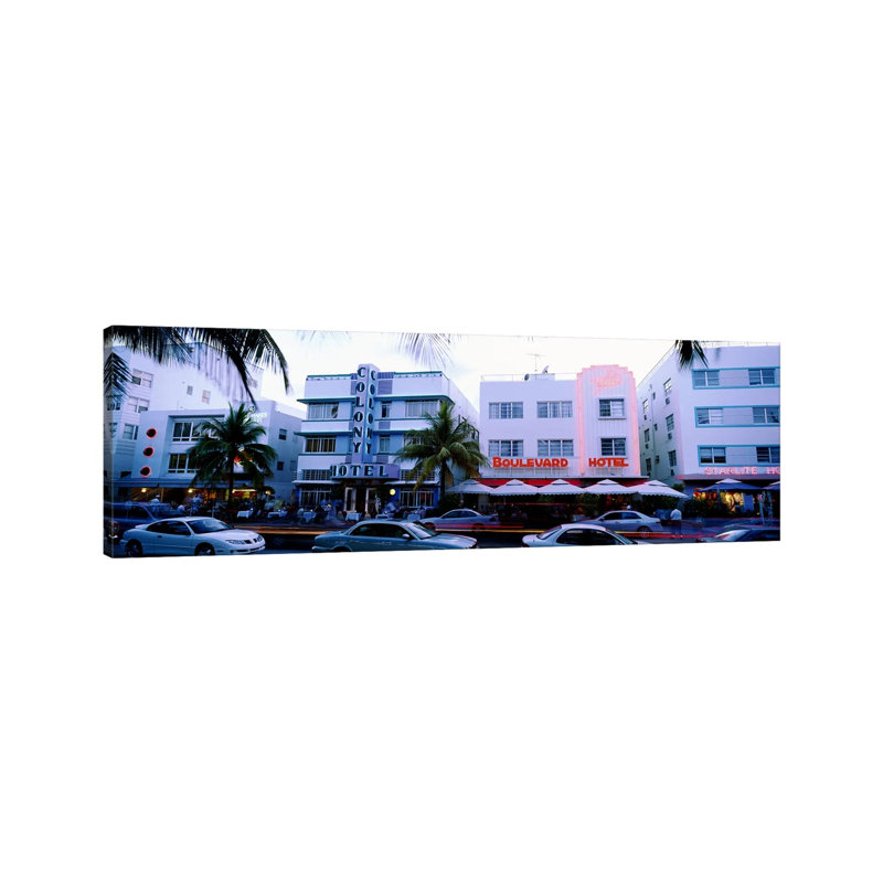 Traffic On Road In Front Of Hotels, Ocean Drive, Miami, Florida, USA - Wrapped Canvas Panoramic Print