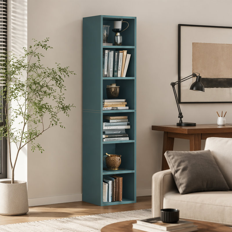 Grande bibliothèque d'angle avec six tablettes ouvertes pour un rangement et une présentation efficaces dans les espaces étroits