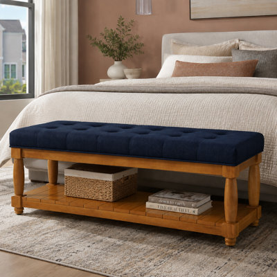 Banc de rangement classique rembourré en lin de style transitionnel avec siège repose-pieds capitonné en bois massif et tablette inférieure pour le mobilier d'entrée de salon de chambre à coucher