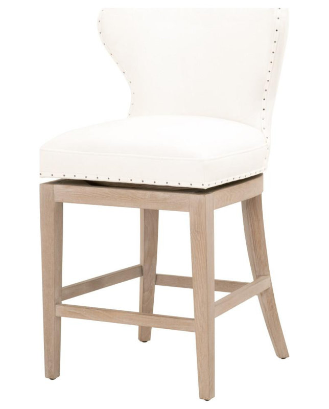 White and Natural Wood Swivel Counter Stool with Nailhead Trim