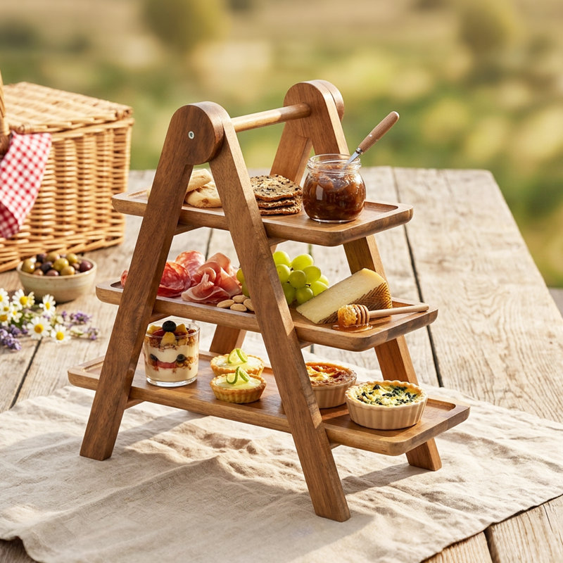 3-Tier Foldable Wooden Tray Stand, Acacia Wood Multi-Tier Display Rack with Removable Trays for Kitchen Counter Table, Brown