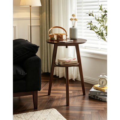 Table d'appoint 100% bois massif à 2 niveaux Table d'appoint de salon, table de chevet, table de bout ronde en bois massif, petite table d'appoint à 2 niveaux avec tablette de rangement inférieure