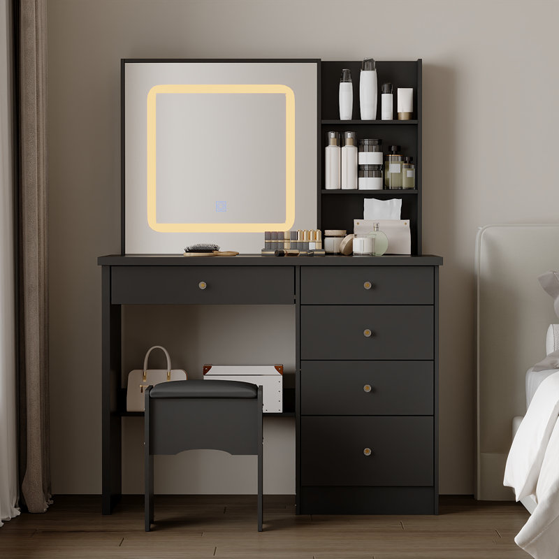 100cm Wide Dressing Table with Sliding 3-Colour LED Mirror & Hidden Storage, 5-Drawer Vanity & Stool, Black