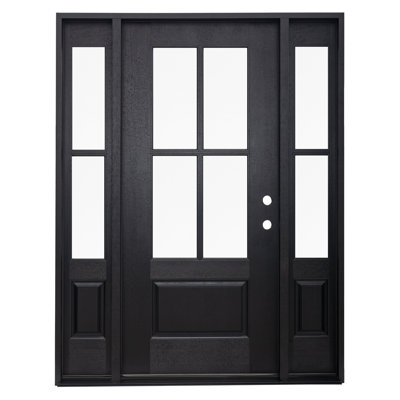 Contemporary Fiberglass Entry Door, Black Finish, 36″ W x 80″ H with Dual 12″ Side Glass Panels, Vinyl Frame, Low-Maintenance