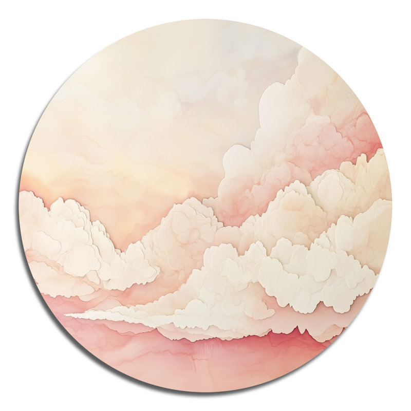 «Pink Watercolor Clouds - Landscape», art mural rond en métal, L 29 po x H 29 po