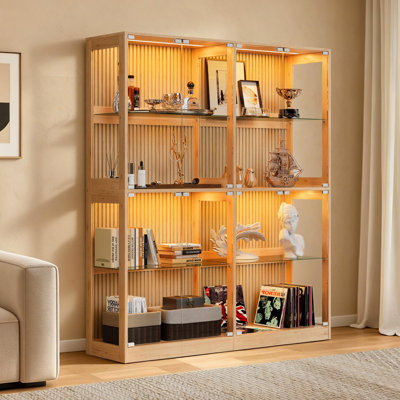 60-Inch 4-Tier RGB Display Cabinet with Glass Shelves, Press-to-Open Doors and Wood-Grain Slatted Finish