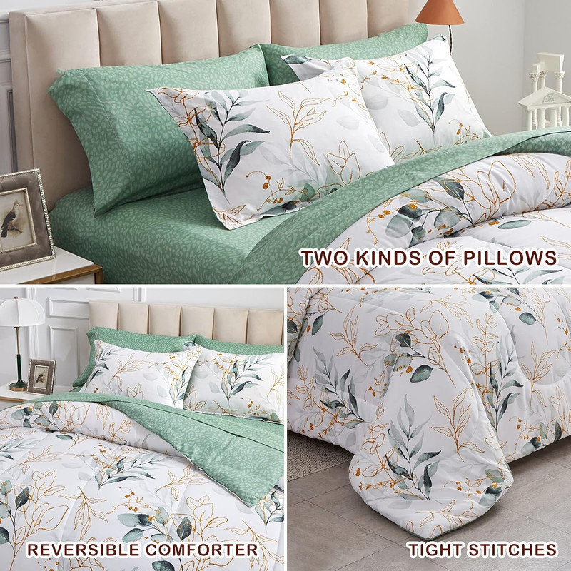Green and Gold Botanical Microfiber Queen Bed in a Bag Set
