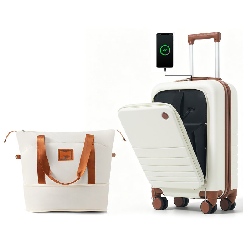 Ensemble de bagage à main à ouverture frontale de 20 pouces avec sac de voyage extensible, valise rigide en ABS deux pièces avec port USB, porte-gobelet, ivoire et brun