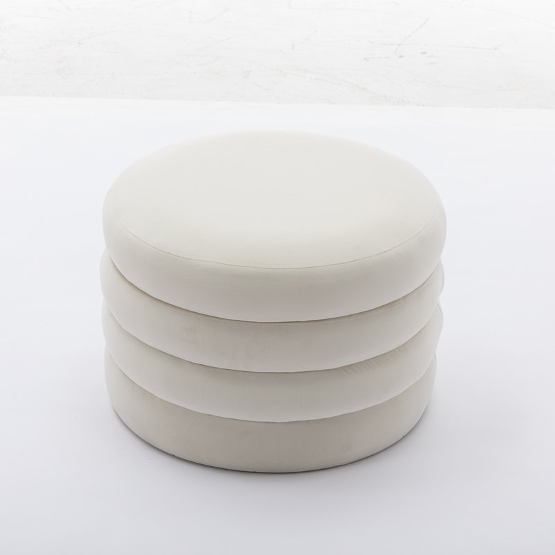 Round Upholstered Velvet Ottoman, Ivory