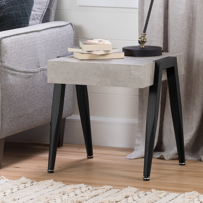 Concrete Gray and Black Square MDF End Table with Metal Legs