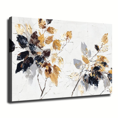 Reproduction d'art texturé sur toile empâtée texturée or et noir avec feuilles d'automne empasto pour salon, chambre à coucher