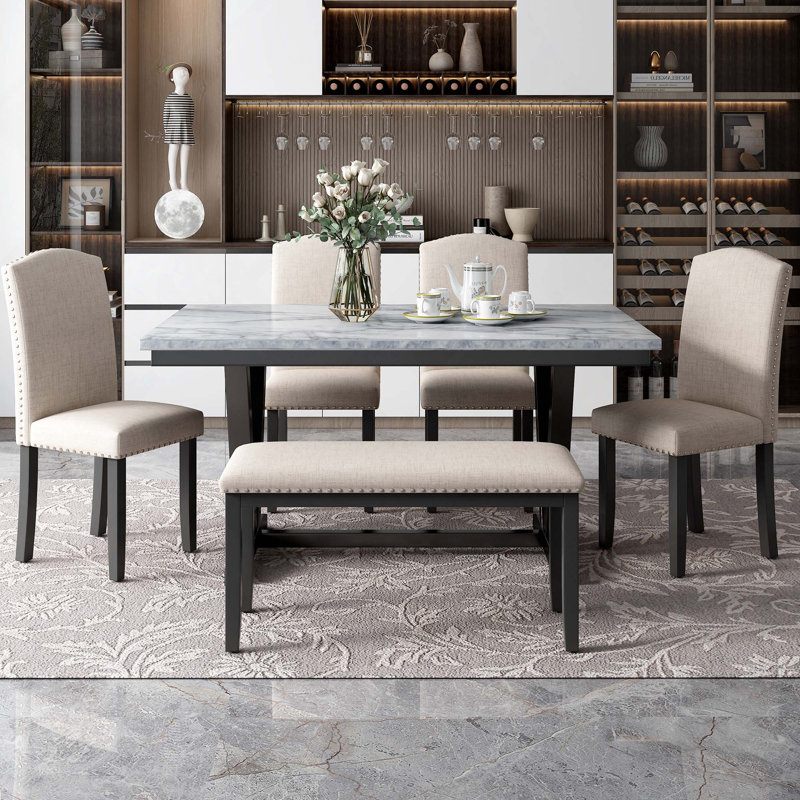 Modern 6PCS Dining Set, Marbled Veneers Top Dining Table With 4 Chairs & 1 Bench
