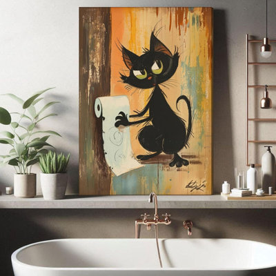 Drôle de chat noir, salle de bain, art mural abstrait, chat avec papier hygiénique, décoration murale, animal mignon, affiche, reproduction d'art, œuvre d'art pour chat