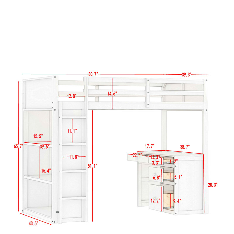 Ahran 5 Drawer Loft Bed with Built-in-Desk by Isabelle & Max, White, Twin over Twin