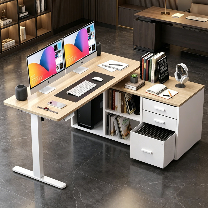 Office Desk, L Shaped Standing Desk with Drawers ,Executive Computer Ergonomic Desk With File Cabinet, Electric Adjustable Height Desk,Workstation With Storage Shelves,Home Office Corner Desk with 4 Memory Presets