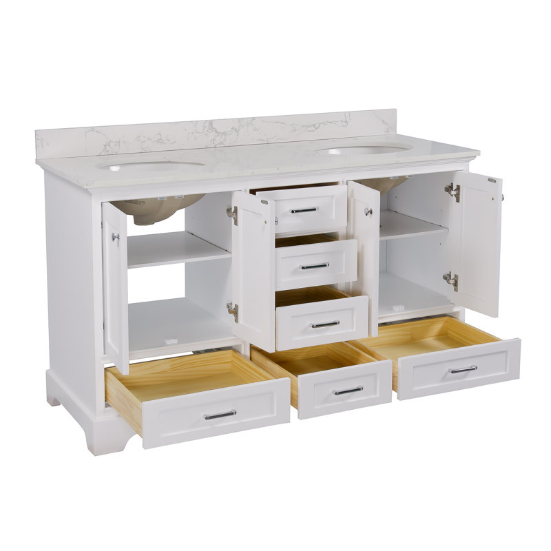 Ensemble de meuble-lavabo double 60 po Larosa, Blanc, Marbre d'ingénierie