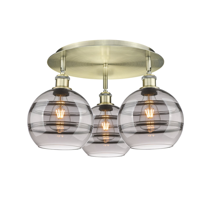 Plafonnier semi-encastré Glassoff, Gris fumée clair, Laiton antique, H 10,88 po x l 19,75 po x P 19,75 po