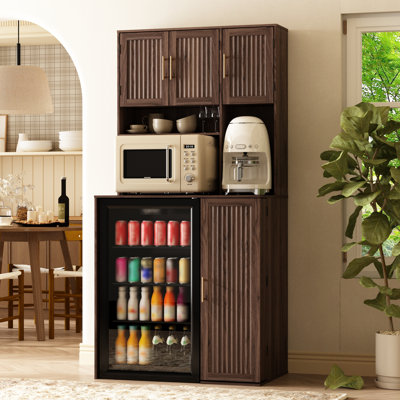 73"H Kitchen Pantry Cabinet, Mini Fridge Cabinet Built‑In Charging Station & Food Storage Cabinet With Fluted Door For Kitchen & Dining Room