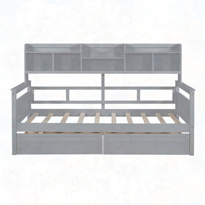 Daybed, Wood Slat Support, with Bedside Shelf and Two Drawers