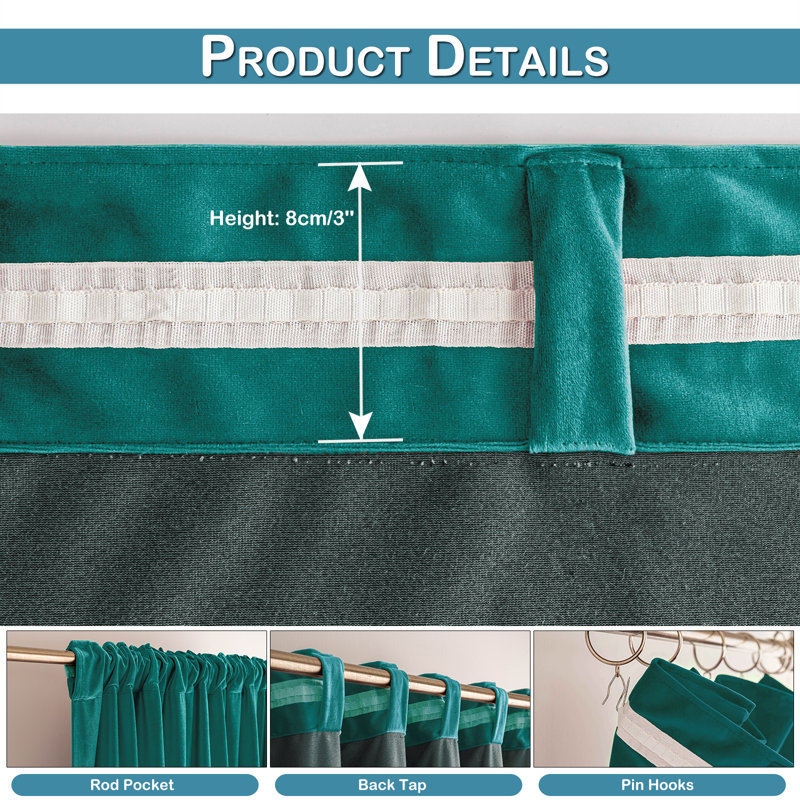 Lauier Velvet Blackout Curtain Pair, 52" W x 84" L, Dark Green