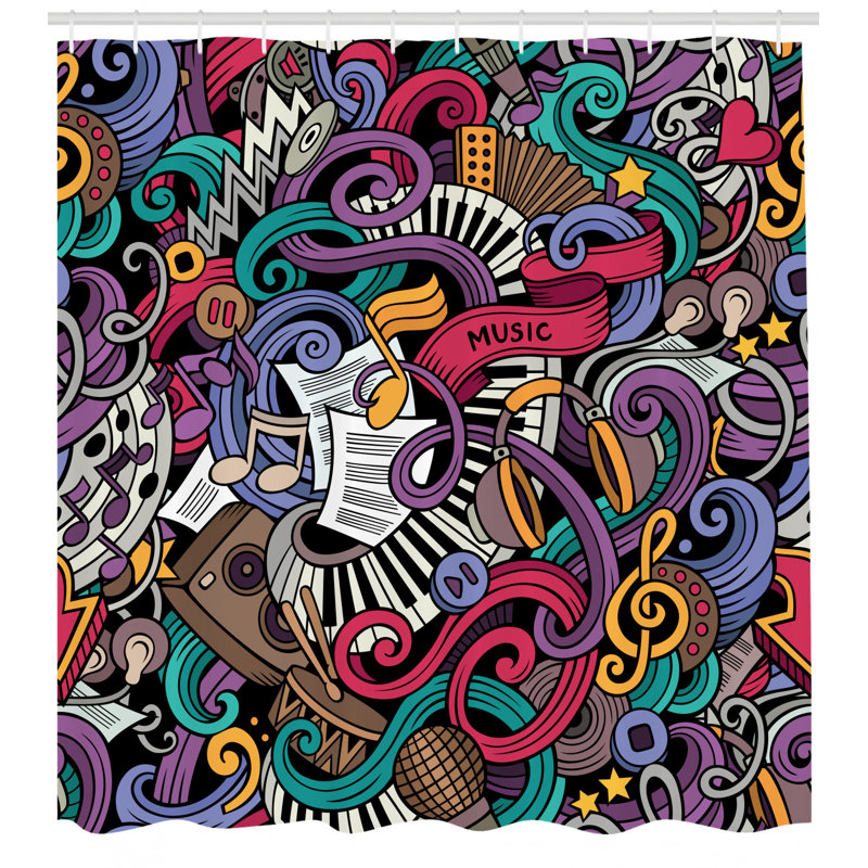 Ensemble de rideau de douche et crochets doodle, H 70 po x l 69 po