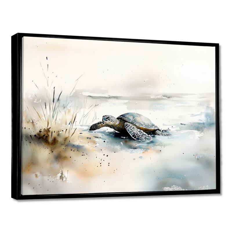 Minimal aquarelle tortue au bord de l'océan - tortue, art mural dans le salon, H 16 po x l 32 po, Black
