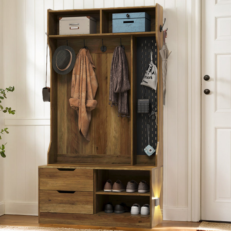 38"W Hall Tree With Storage Bench, 6 Hooks, Coat Hanger, Entryway Bench, Storage Bench, Brown
