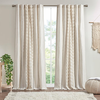 Panneau de rideau 100% coton capitonné en chenille à imprimé géométrique de style Mid-Century avec passe-tringle pour salon, habillage de fenêtre d'intimité pour la chambre à coucher, 50 po x 84 po, ivoire