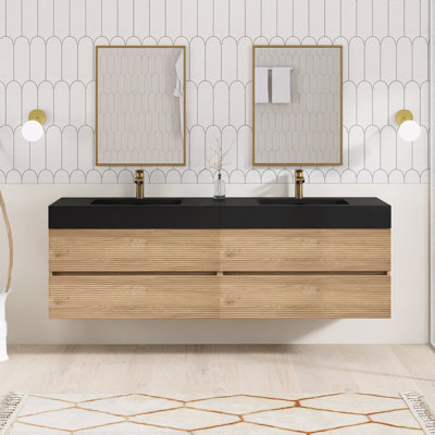 72'' Wall Mounted Double Sink Bathroom Vanity With Quartz Top
