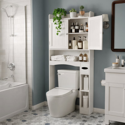 Freestanding Over-the-Toilet Storage with 1 Storage Cabinet, Adjustable Shelves, Anti-Tip Device & Tissue Holder for Bathroom