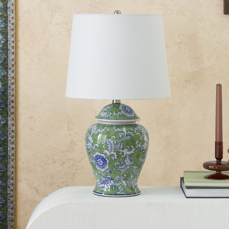 24" Green & Blue Floral Ginger-Jar Ceramic Traditional Table Lamp