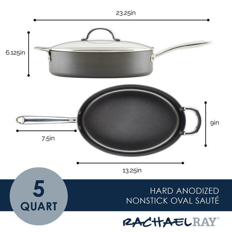 Rachael Ray Hard Anodized Nonstick Cookware Oval Saute Pan With Helper Handle And Lid, 5 Quart, Gray