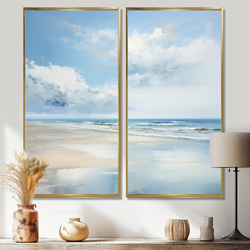Paysage côtier minimaliste II - art mural sur toile bleue, 20" H x 24" W, Floater Framed Print without Mat, Gold