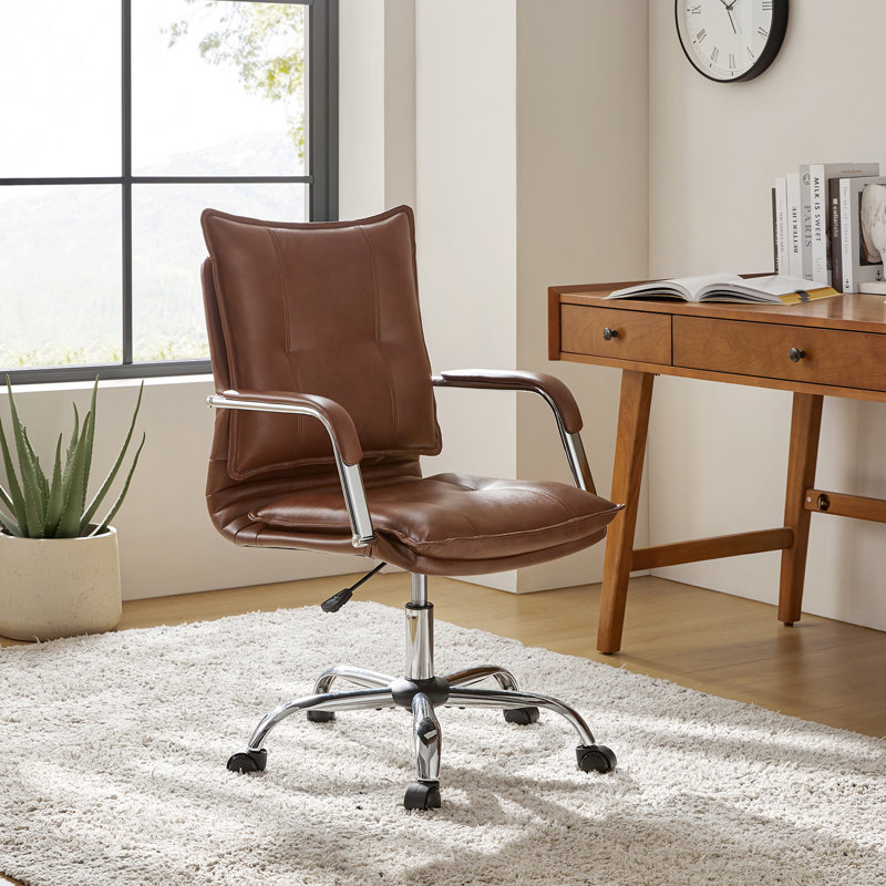 Gedrie Modern Faux Leather Swivel Office Chair, Brown, Silver
