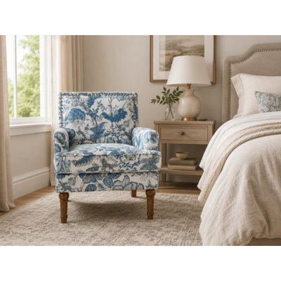 34 Inch  Vintage Floral Decorative Chair With Arms For Living Room, Small Bedroom Chairs, Occasional Antique Side Chair , High Back |,Seat Cushion ,Fabric Upholstery Blue