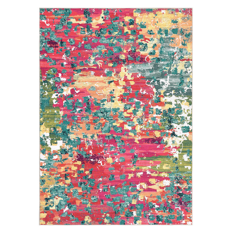 Tapis moderne et coloré abstrait, tapis lavable pour chambre à coucher et salon, Red, Rectangle 9' x 12'