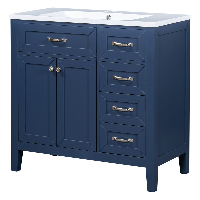 Meuble-lavabo de 36 po: armoire autoportante bleue avec tiroirs, lavabo encastré en céramique, bois d'hévéa massif et meuble-lavabo requis: trop-plein, structure, armoire à tiroirs, forme rectangulaire moderne,
