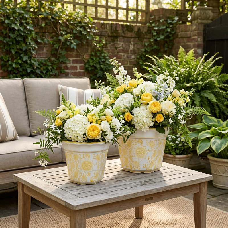 Pot de fleurs d'extérieur texturé en céramique pour salon et maison - pots de fleurs décoratifs pour patio et jardin - ensemble de 2, vert