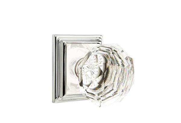 Ensemble de mortaise intérieure Emtek avec rosette Wilshire et poignée en verre Diamond, Nickel poli