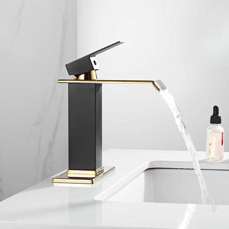 Single Hole Faucet Single-handle Waterfall Bathroom Faucet with Drain Assembly, Black/Gold