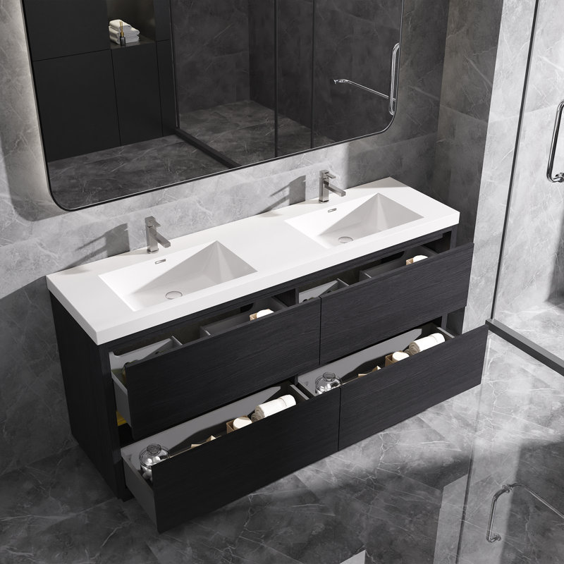 Meuble-lavabo autoportant avec comptoir à double surface en blanc pour salle de bain, Noir, noir, noir, noir, 72"